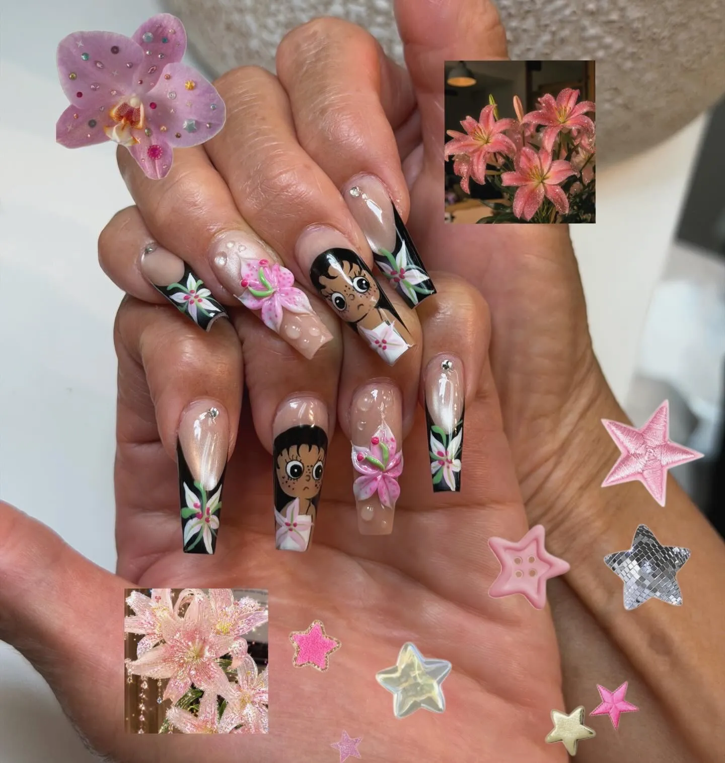 Pink floral character nails